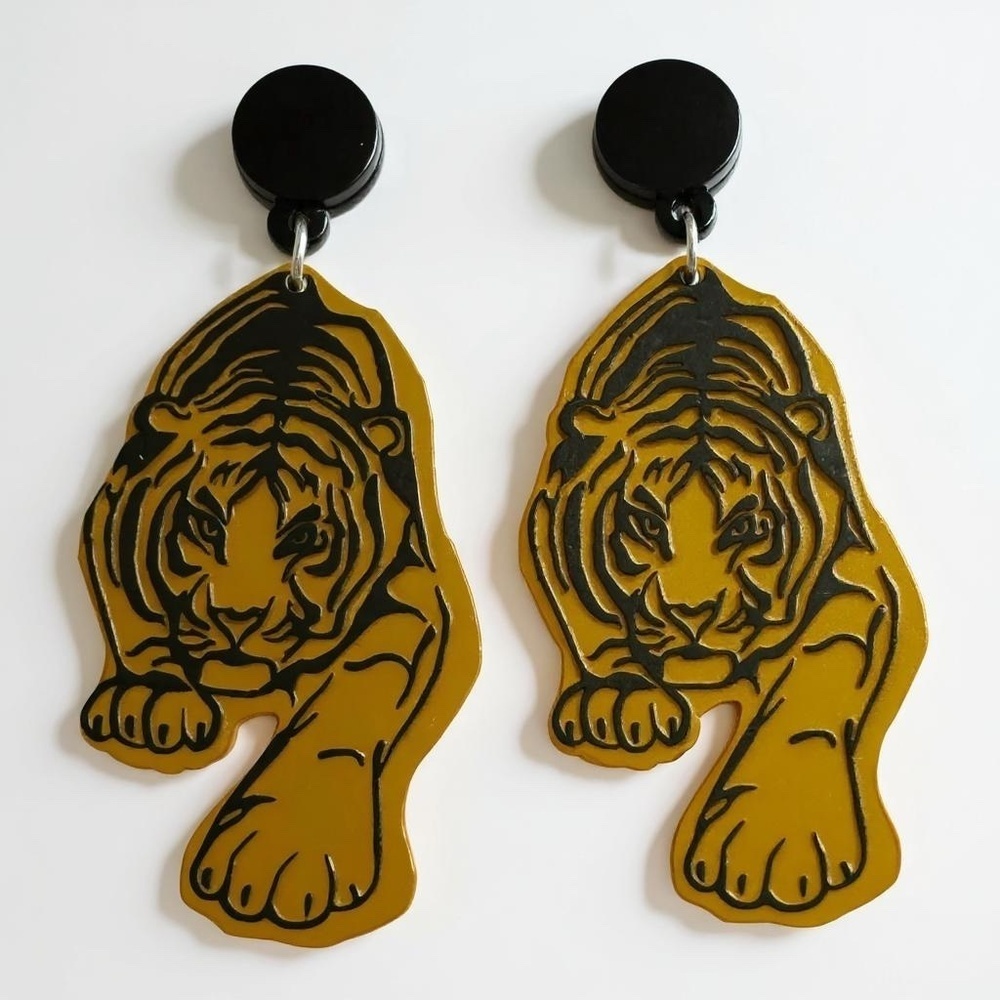 Fierce Tiger Earrings – Mirrored Acrylic Statement Dangles (NWT) Custom Options